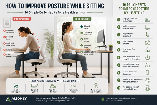 Infographic showing poor vs good sitting posture with 10 daily habits to improve posture while sitting and support healthier desk ergonomics